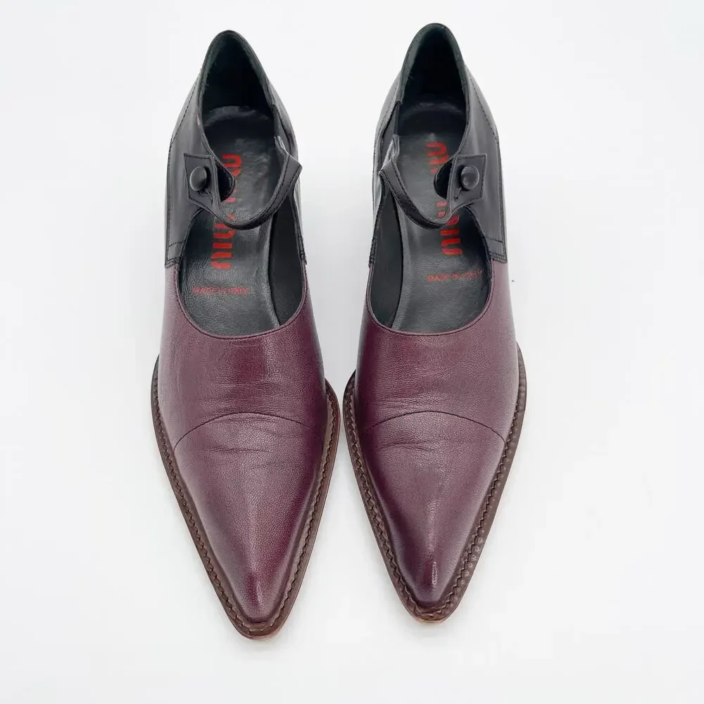 Miu Miu 90s Vintage Burgundy Black Leather Mary Jane Kitten Heel Pumps IT 37.5